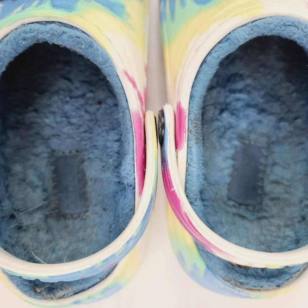 Crocs Girl's Multicolor Fuzzy Tie Dye‎ Adjustable Slip-On Casual Clogs Size 11